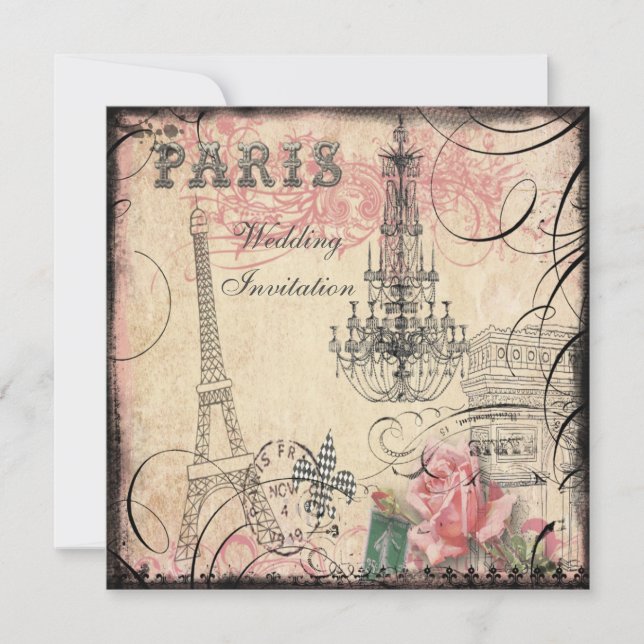 Chic Eiffel Tower & Chandelier Wedding Invitation (Front)