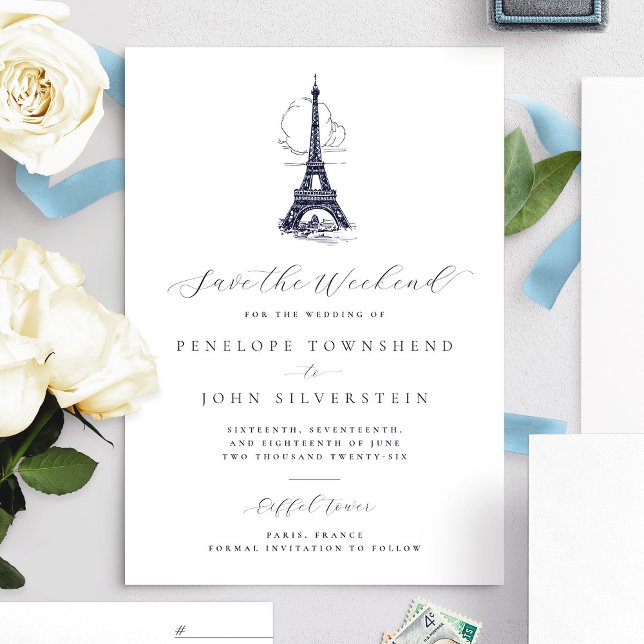 Chic Eiffel Tower Paris Save the Weekend Wedding  Save The Date (French Eiffel Tower vintage illustration Save the Weekend card)