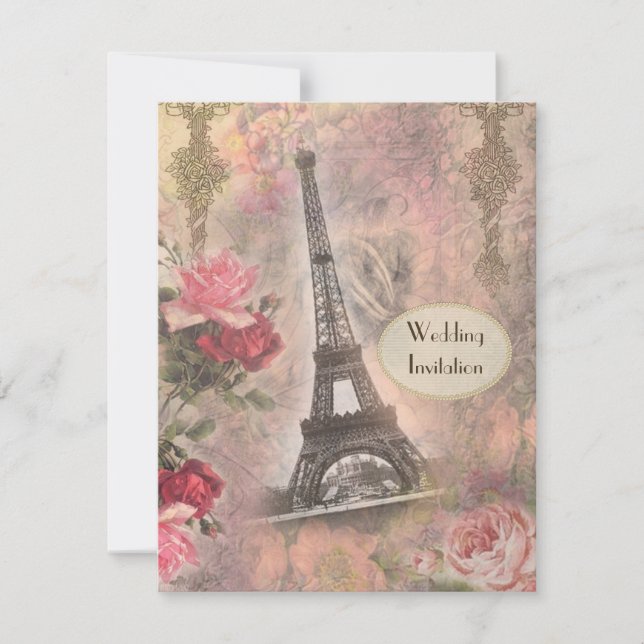 Chic Eiffel Tower & Roses Wedding Invitation (Front)