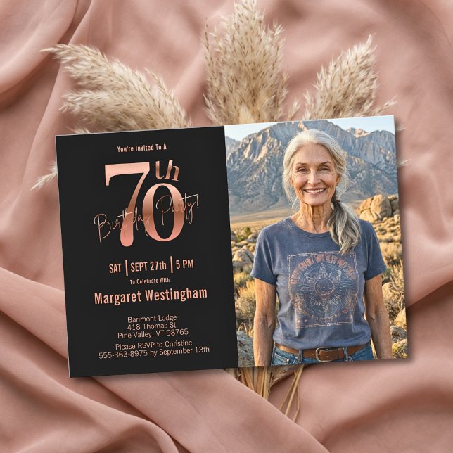 Chic Elegance Rose Gold Photo 70th Birthday Invitation (Creator Uploaded)