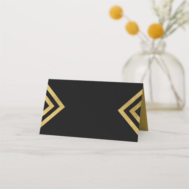 Chic Elegant Black and Faux Gold Geometric Place Card (Front)