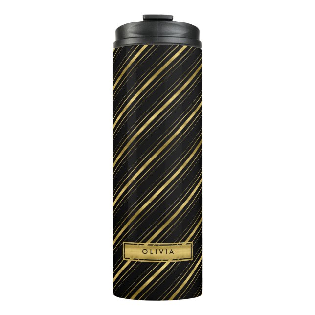 Chic Elegant Black and Faux Gold Stripes Monogram Thermal Tumbler (Front)