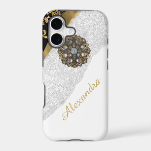 Chic elegant black and gold bling white lace