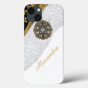 Chic elegant black and gold bling white lace iPhone 13 case