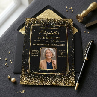 Chic Elegant Black and Gold Glitter 60th Birthday Invitation