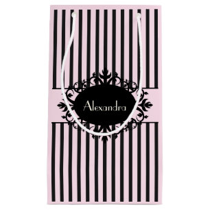 Chic Elegant Black and Pink Ornate Parisian Stripe Small Gift Bag