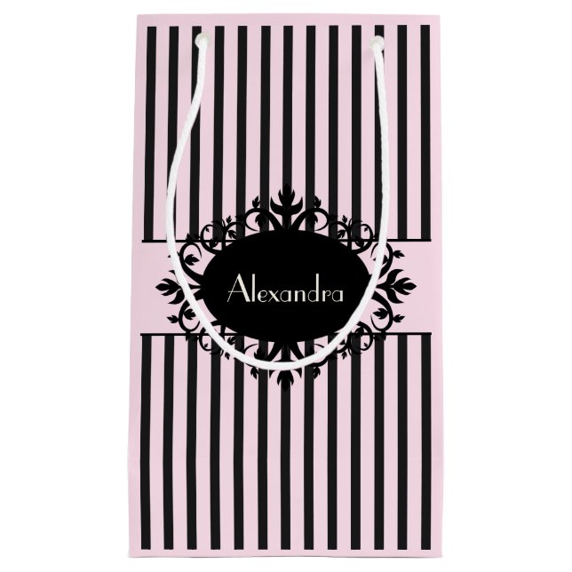 Chic Elegant Black and Pink Ornate Parisian Stripe Small Gift Bag (Front)