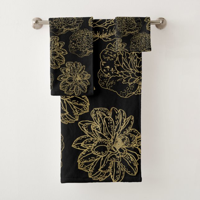 Chic Elegant Black Gold Line Drawn Flower Pattern Bath Towel Set (Insitu)