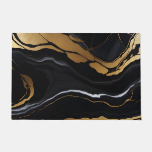 Chic Elegant black golden yellow Faux Marble  Doormat