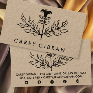 Chic Elegant Black Lily Line Drawing CUSTOM Kraft Business Card