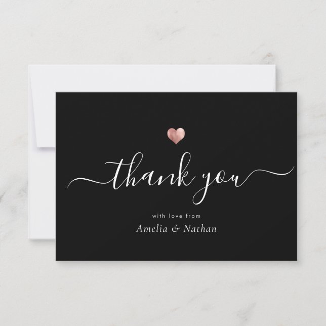 Chic Elegant Black Modern Script Rose Gold Heart Thank You Card (Front)