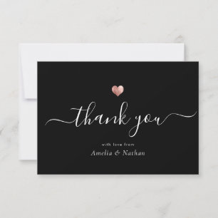 Chic Elegant Black Modern Script Rose Gold Heart Thank You Card