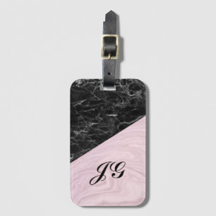 Chic Elegant Black Pink Marble Monogrammed Luggage Tag
