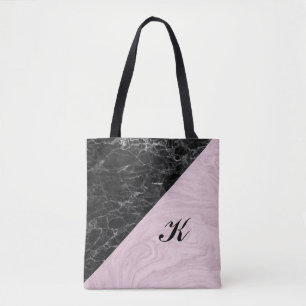 Chic Elegant Black Pink Marble Monogrammed Tote Bag