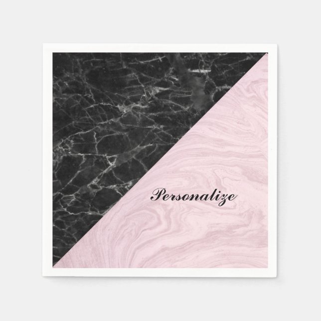 Chic Elegant Black Pink Marble Personalised Napkin (Front)