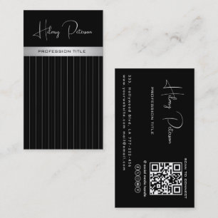 Chic elegant black/white discrete stripes Qr code Business Card