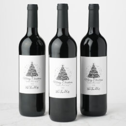 Chic Elegant Black White Script Christmas Tree Wine Label