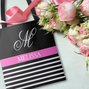 Chic Elegant Black White Stripes With Initial Tote Bag