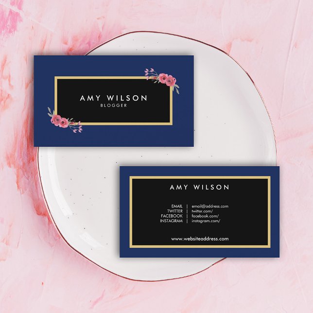 Chic Elegant Blogger Social Media Blue Floral Business Card (Creator Uploaded)