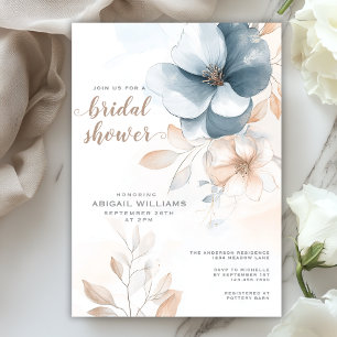 Chic Elegant Blue and Blush Floral Bridal Shower Invitation