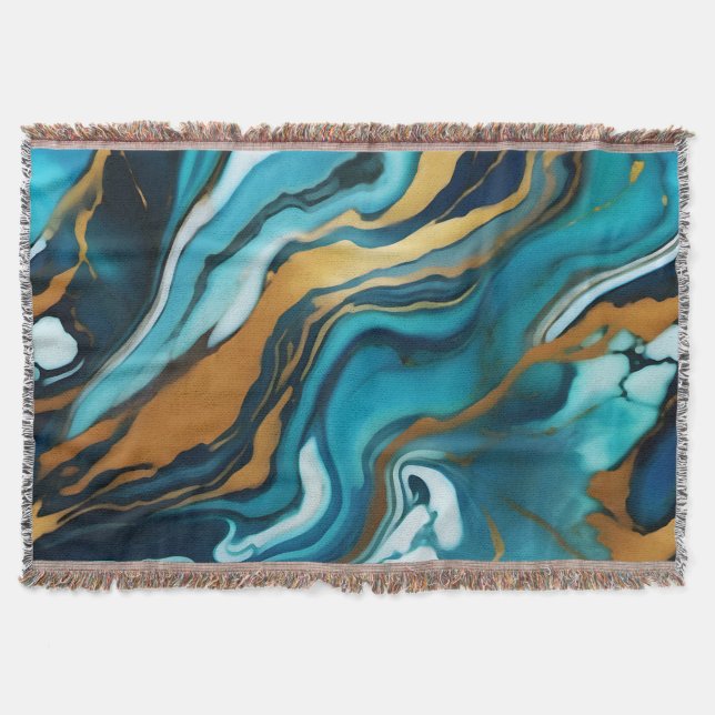 Chic Elegant blue green gold Faux Marble  Throw Blanket (Front)