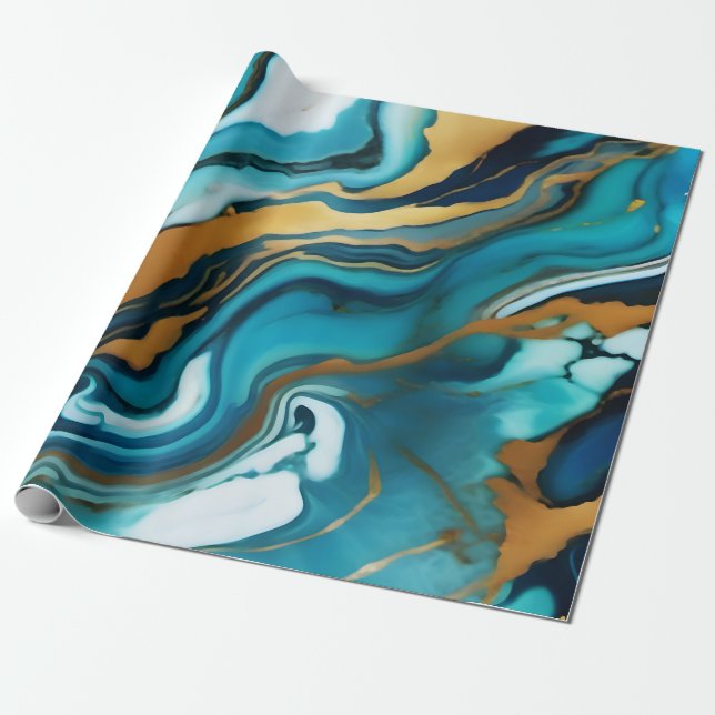 Chic Elegant blue green gold Faux Marble  Wrapping Paper (Unrolled)
