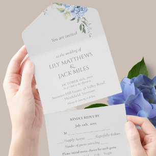 Chic Elegant Blue Periwinkle Hydrangea Floral RSVP All In One Invitation