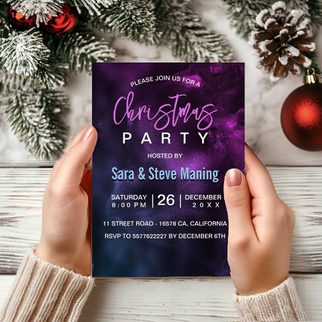 Chic elegant blue purple marble art Christmas  Invitation (Creator Uploaded)