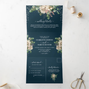 Chic Elegant Blush Florals & Navy Tri-Fold Wedding Invitation