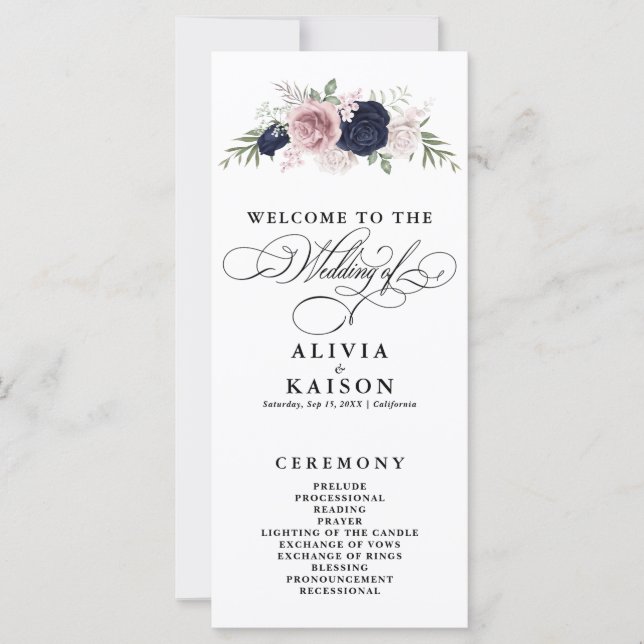 Chic Elegant Blush Navy Blue Wedding Program (Front)