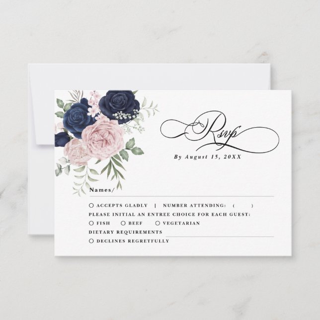 Chic Elegant Blush Navy Blue Wedding RSVP  (Front)