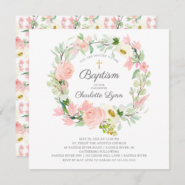 Chic & Elegant Blush Pink Floral Baptism Invitation (Front/Back)