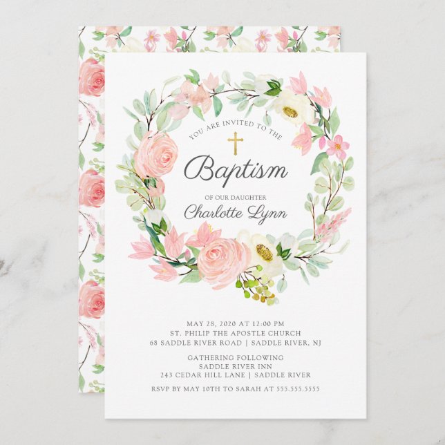 Chic & Elegant Blush Pink Floral Baptism Invitation (Front/Back)