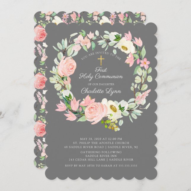 Chic & Elegant Blush Pink Floral First Communion Invitation (Front/Back)