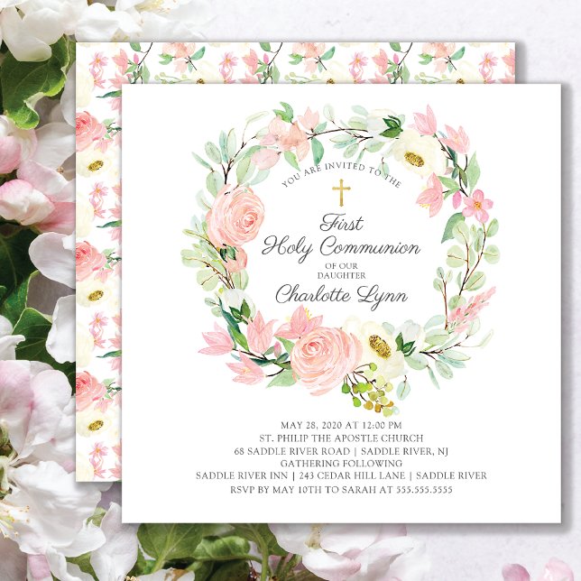 Chic & Elegant Blush Pink Floral First Communion Invitation (Creator Uploaded)