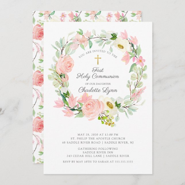 Chic & Elegant Blush Pink Floral First Communion Invitation (Front/Back)