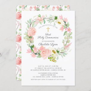 Chic & Elegant Blush Pink Floral First Communion Invitation