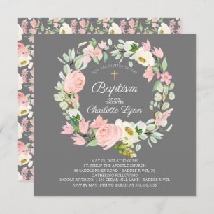 Chic & Elegant Blush Pink Floral Girls Baptism Invitation