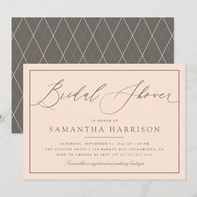 Chic Elegant Blush Pink & Greige Bridal Shower Invitation (Front/Back)