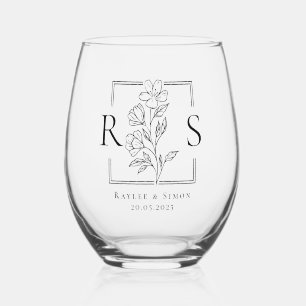 Chic Elegant Boho Floral Monogrammed Initial Stemless Wine Glass