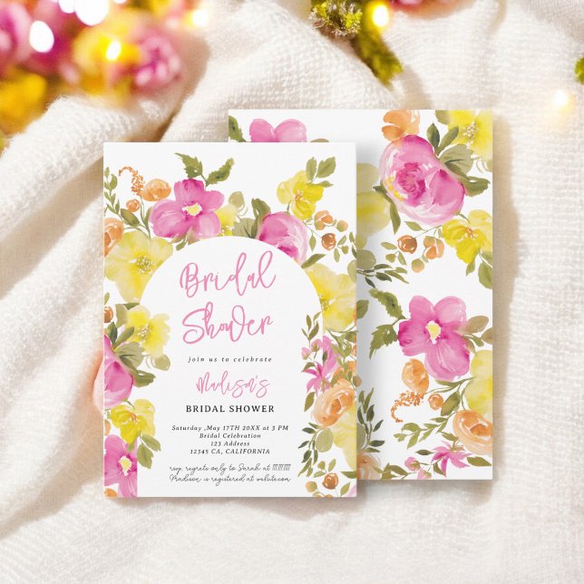 Chic elegant boho pink yellow floral bridal shower invitation (Chic elegant boho pink yellow floral bridal shower invitation)