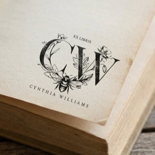 Chic Elegant Botanical Honey Bee Ex Libris Rubber Stamp