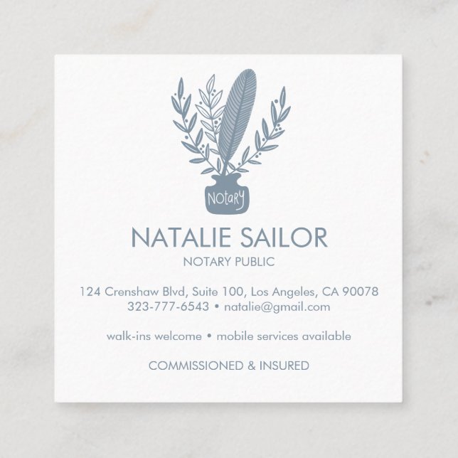 Chic Elegant Botanical Quill Logo Notary Public Square Business Card (Back)