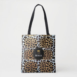 Chic Elegant Brown Leopard Print Crown Custom Name Tote Bag