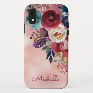 Chic Elegant Burgundy Pink Navy Floral Name Case-Mate iPhone Case