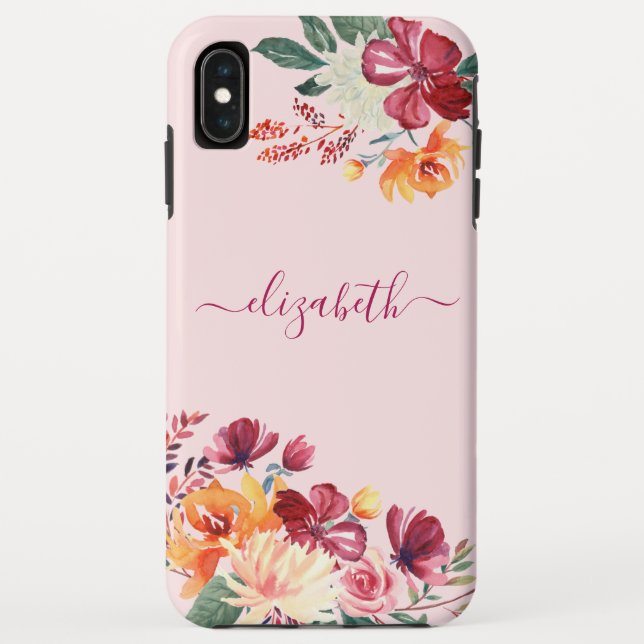 Chic Elegant Burgundy Pink Orange Floral Name Case-Mate iPhone Case (Back)