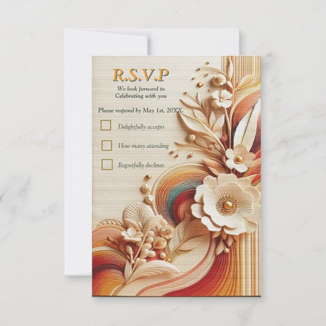 Chic, Elegant Creams & leather flower texture look RSVP Card (Front)