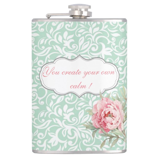 Chic Elegant  Damask, Roses,Motivational Message Hip Flask (Front)