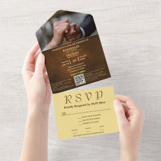 Chic Elegant Dark Brown Texture Gold Accent RSVP All In One Invitation