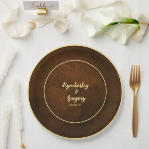 Chic Elegant Dark Brown Textured Gold Accent  Paper Plate